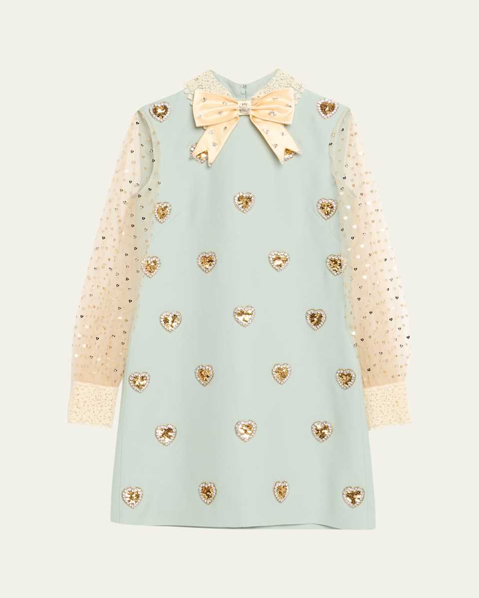 Bow Crystal Heart Sheer Sleeve Wool Mini Dress